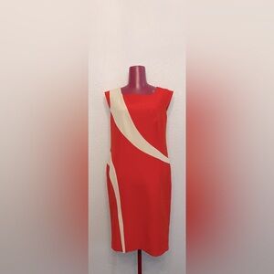 Sharagano Asymmetrical Red and Cream Cocktail Dress
